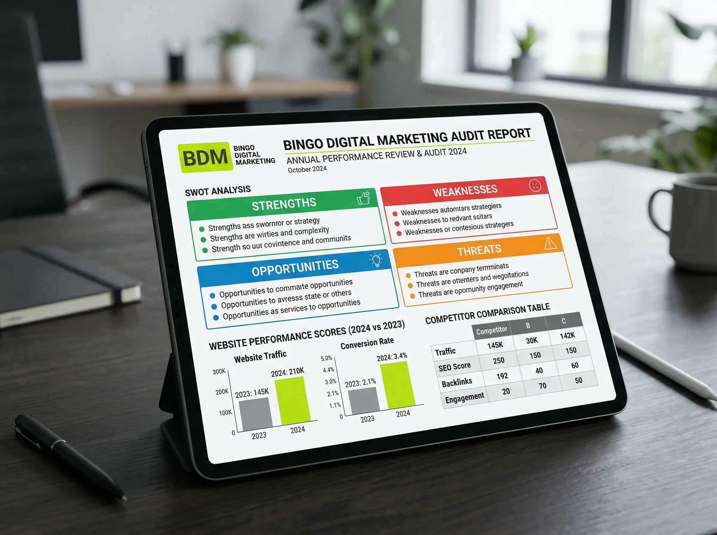 Sample free website audit report showing SWOT analysis, competitor research, and recommendations