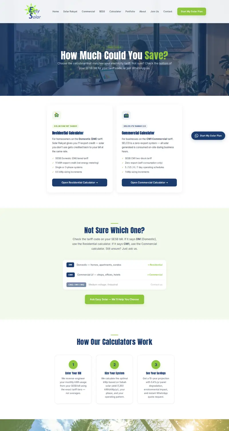 Easy Solar website: Savings calculator page