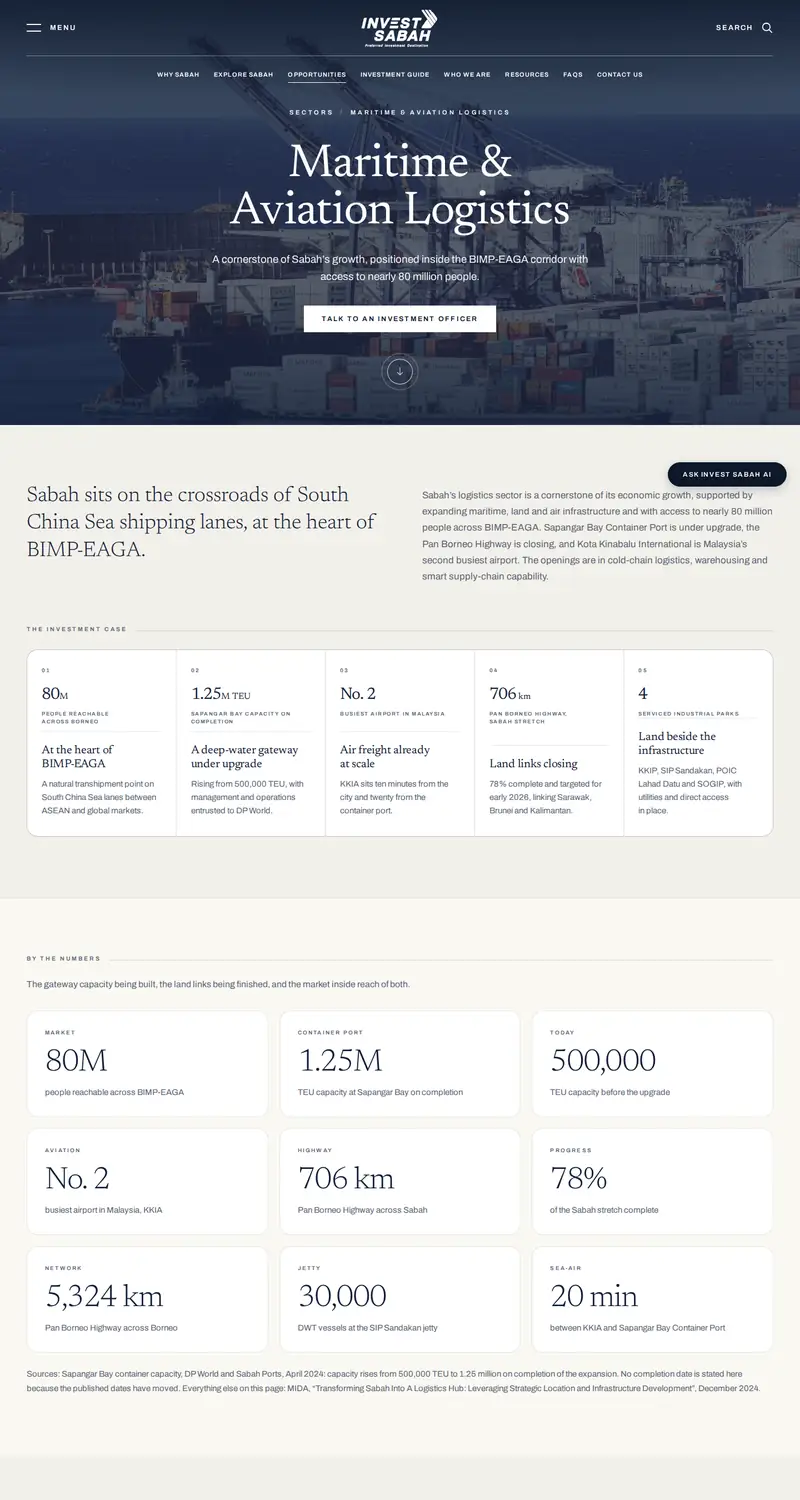 Invest Sabah website: Logistics, with the ports map page