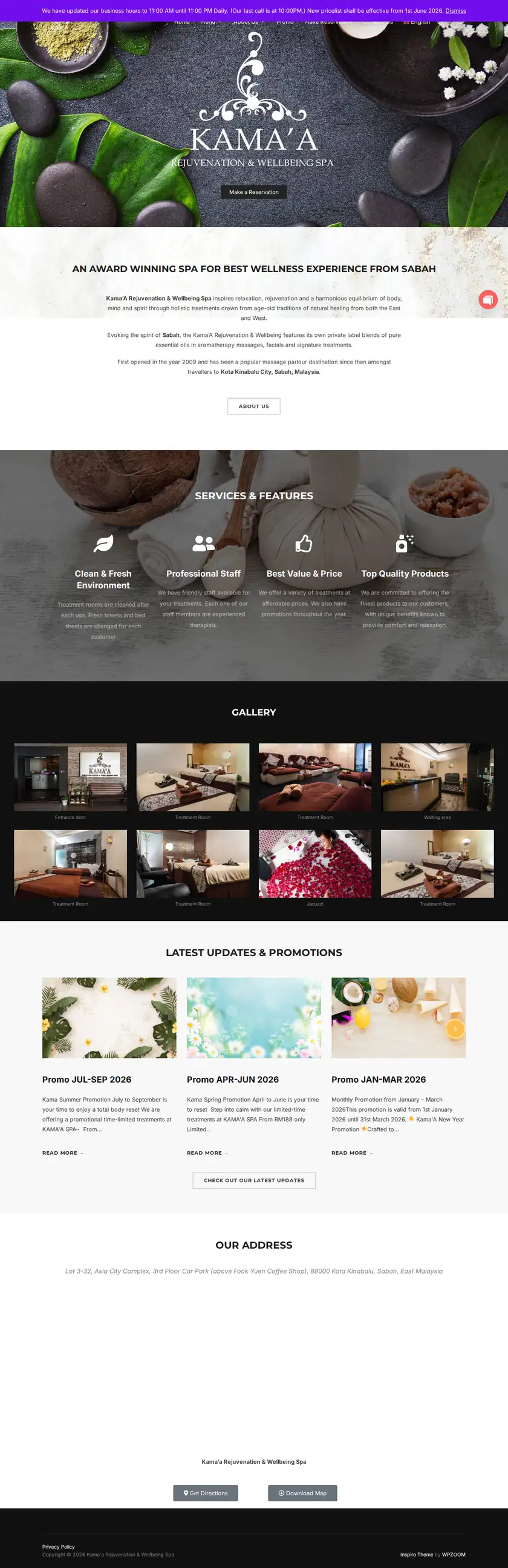 Kama’a Spa website on a desktop screen