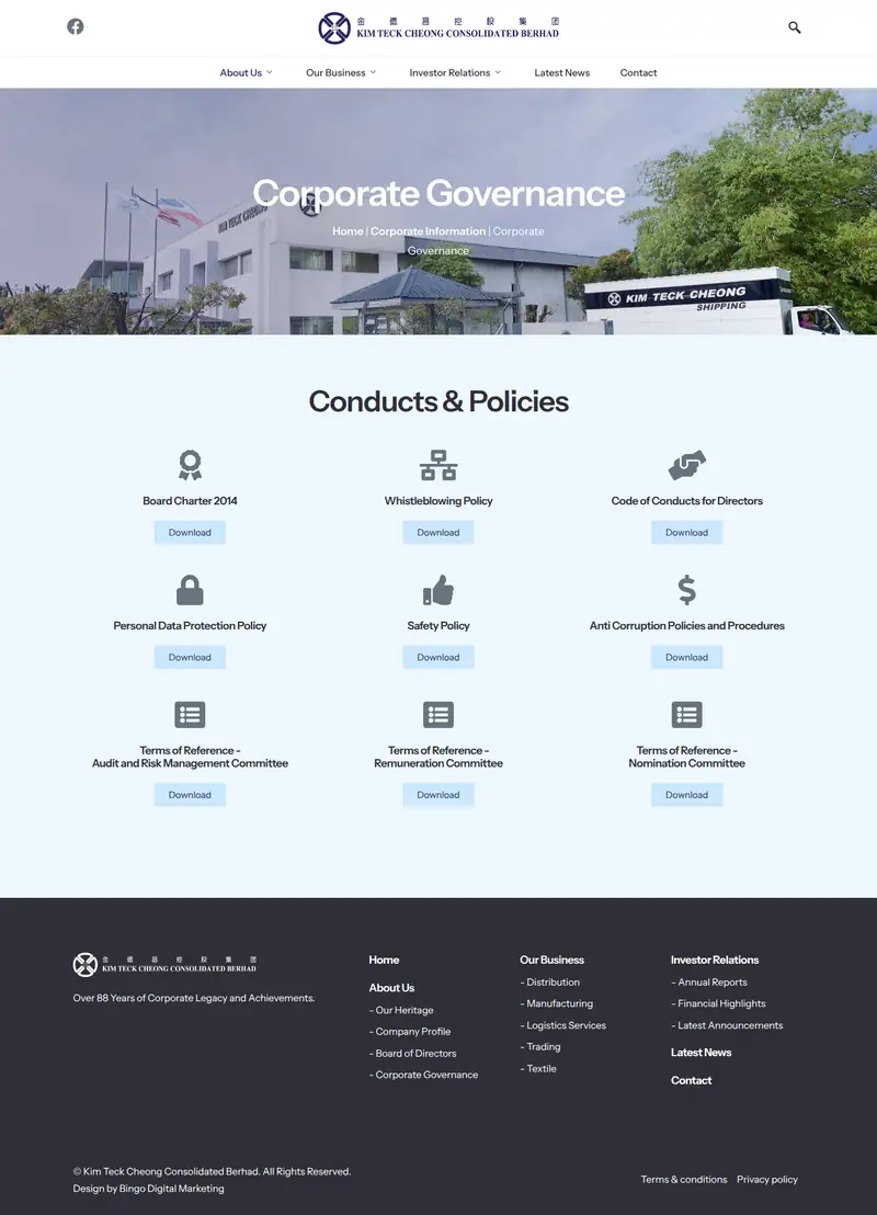 Kim Teck Cheong website: Corporate governance page