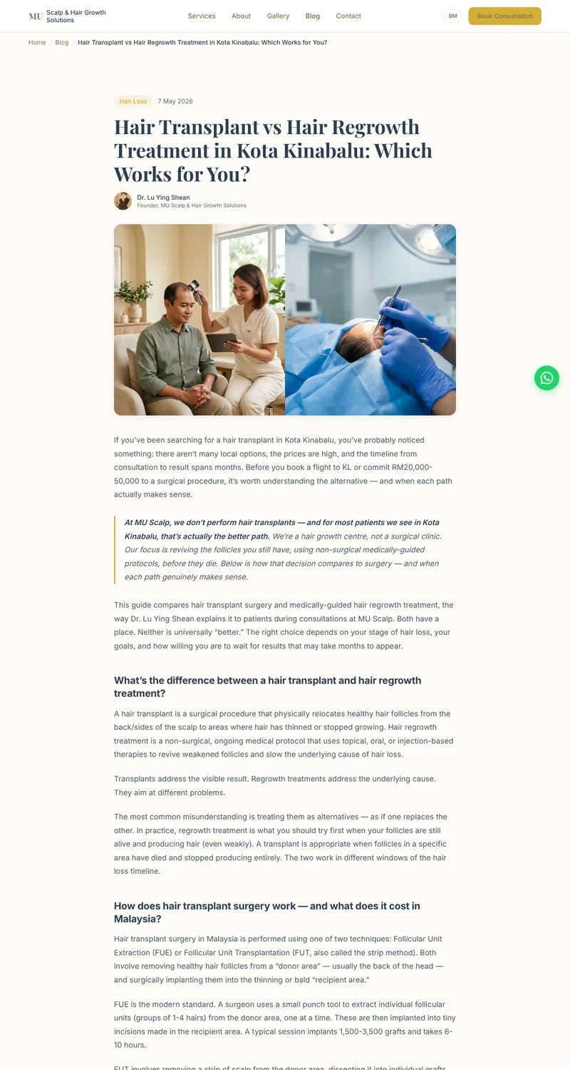 MU Scalp & Hair Growth website: Transplant vs regrowth guide page