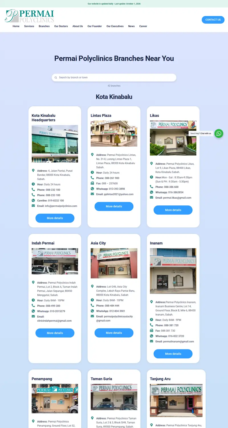 Permai Polyclinics website: Clinic locations page