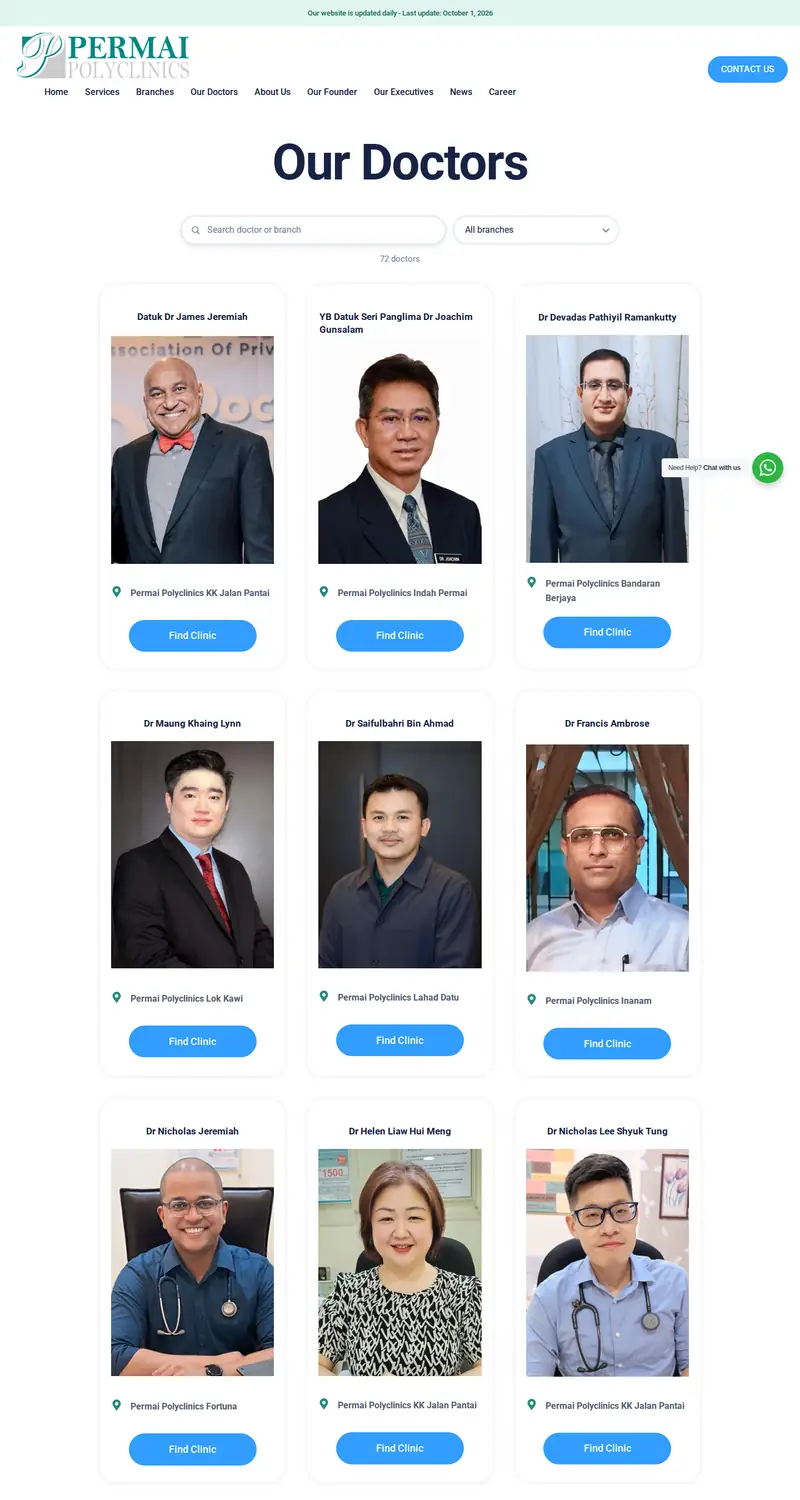 Permai Polyclinics website: Our doctors page