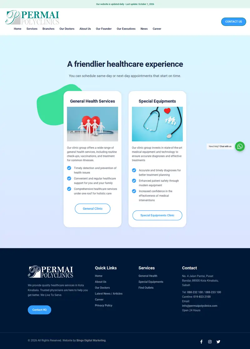 Permai Polyclinics website: Services page