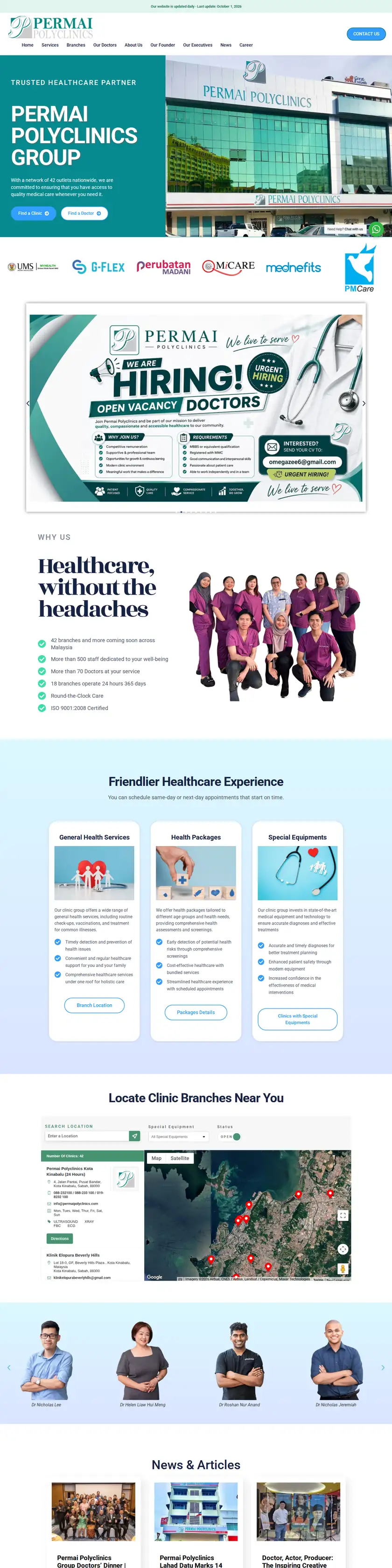 Permai Polyclinics website on a desktop screen