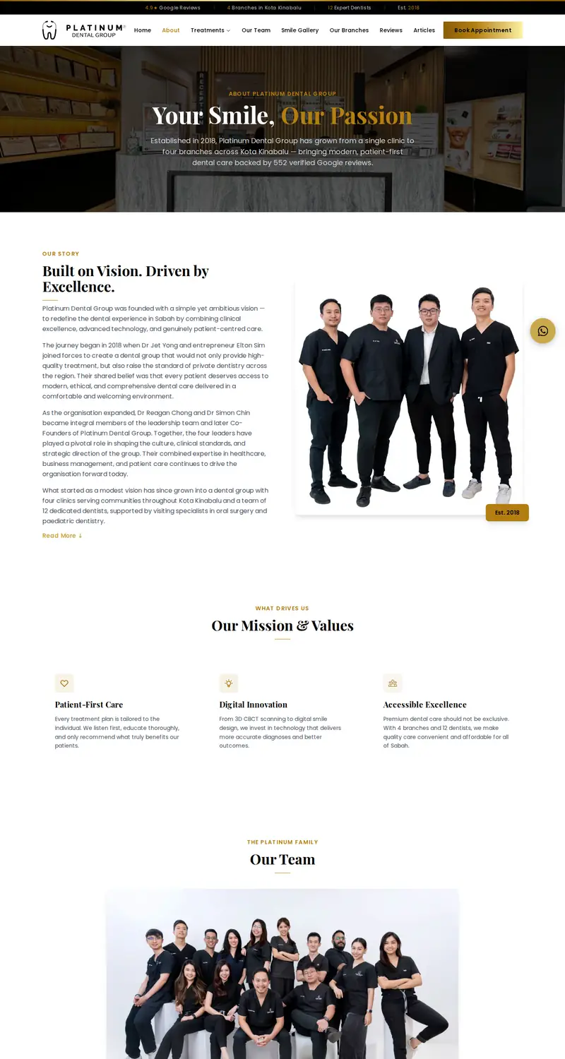 Platinum Dental Group website: About page