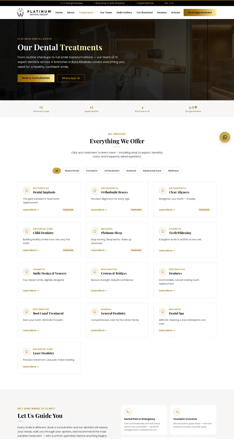 Platinum Dental Group website: Treatments page