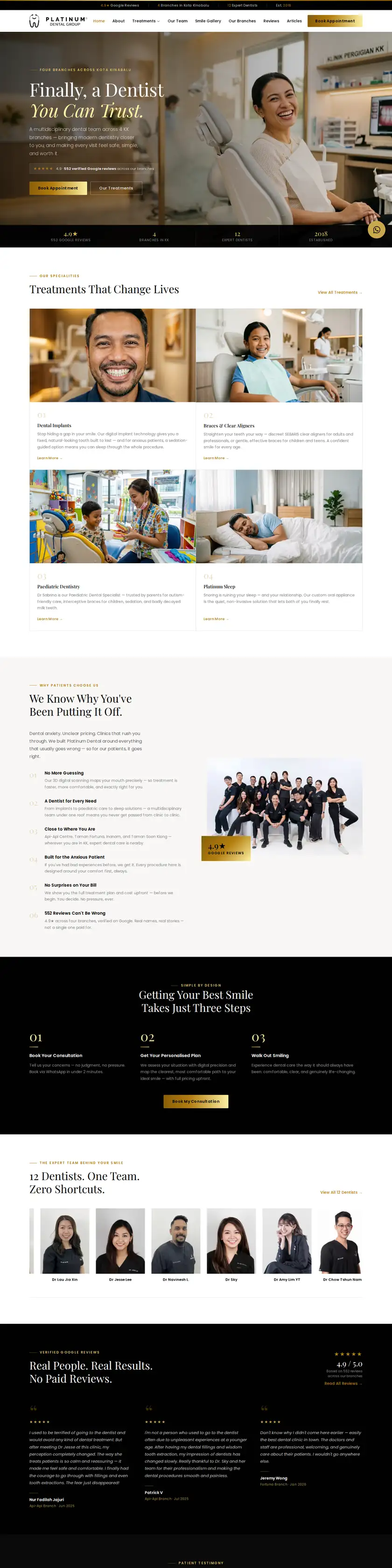 Platinum Dental Group website on a desktop screen