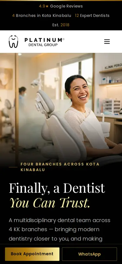 Platinum Dental Group website on a phone