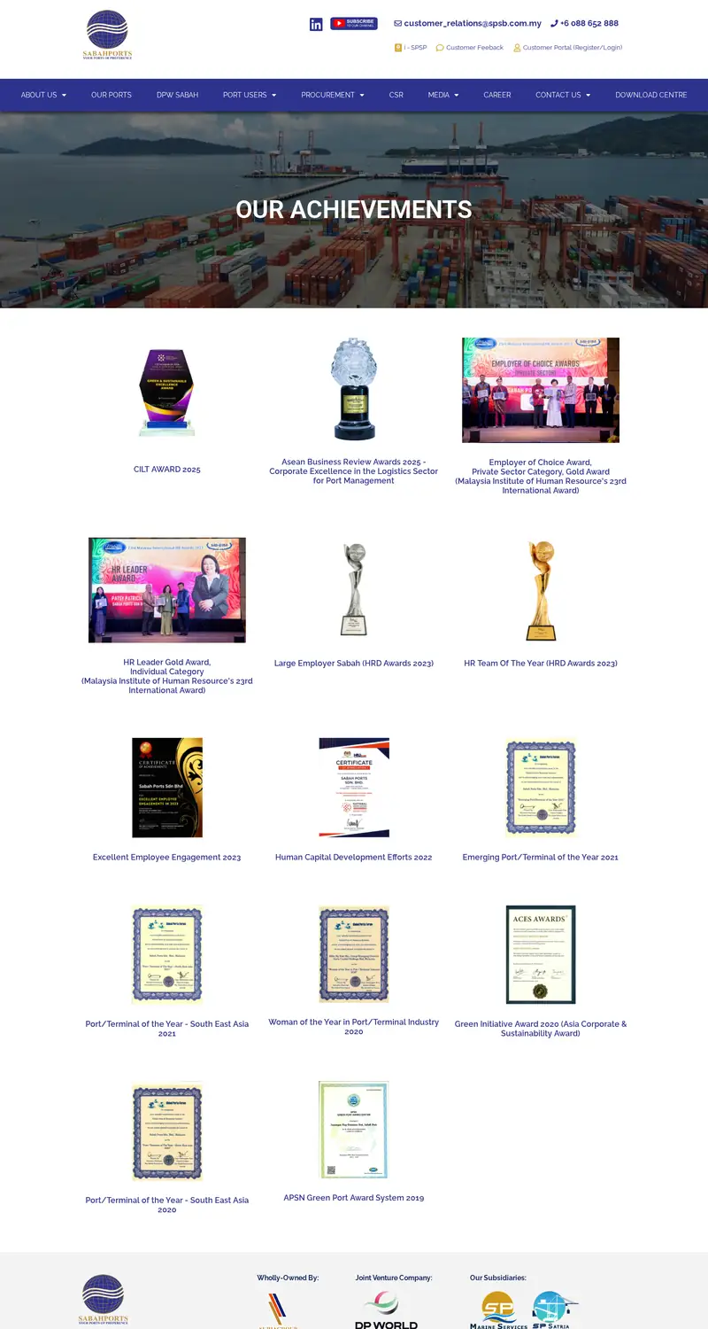 Sabah Ports website: Achievements page