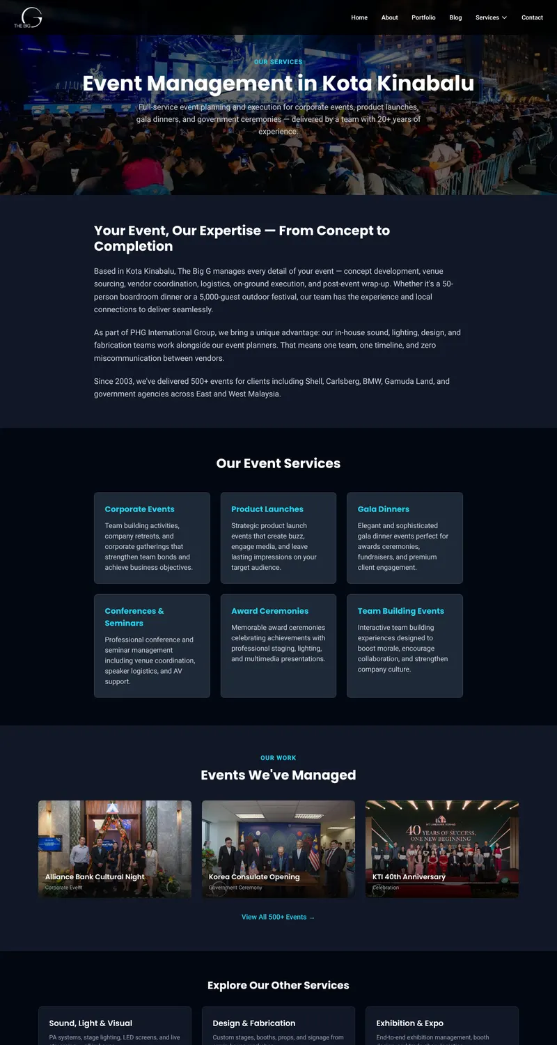 The Big G website: Event management page