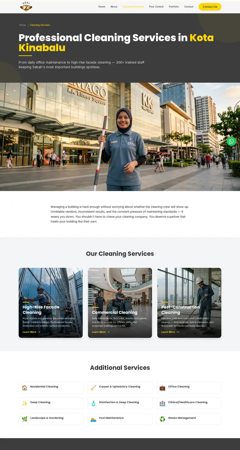 ZEAL Service Industry website: Cleaning services page