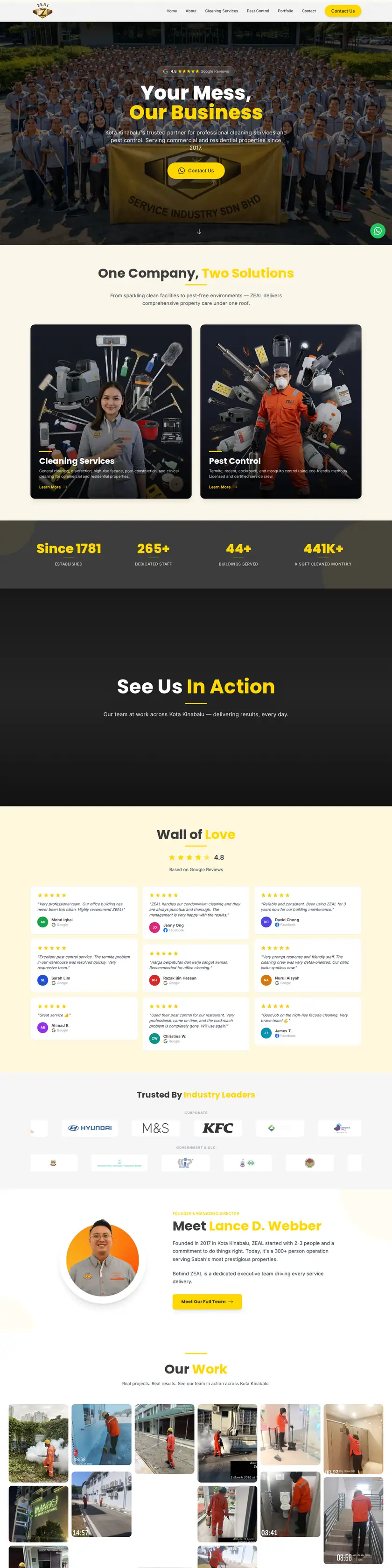 ZEAL Service Industry website on a desktop screen